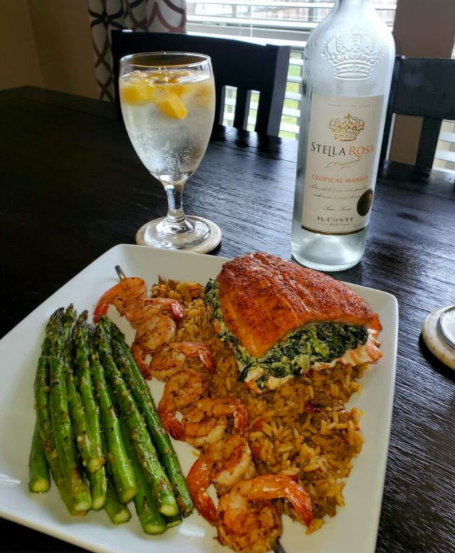 Stuffed Salmon Over Rice and Grilled Asparagus