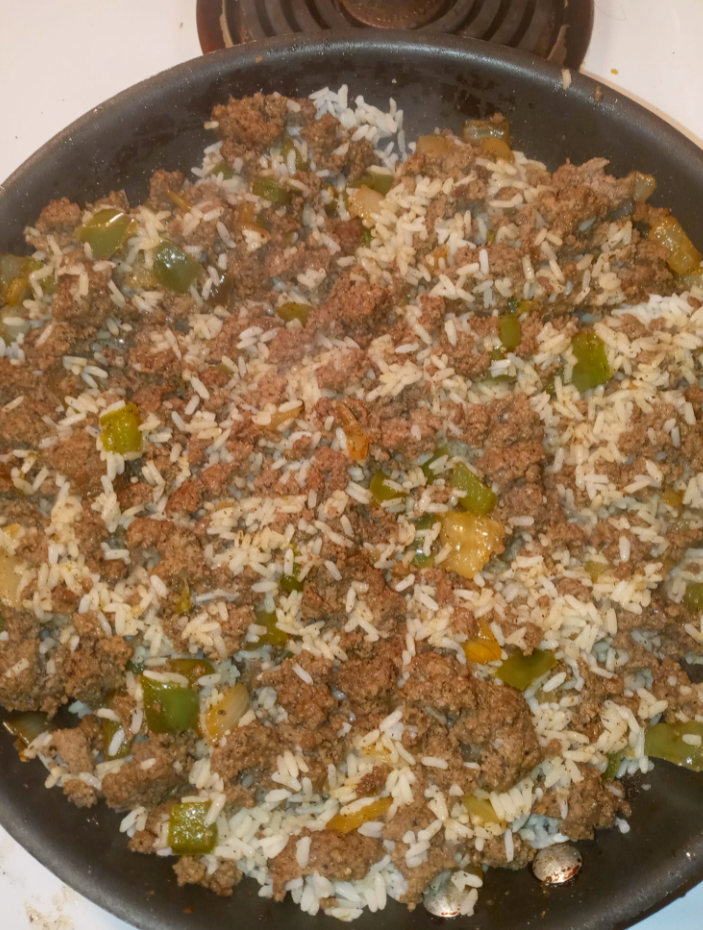 Ground Beef with rice green peppers and onions