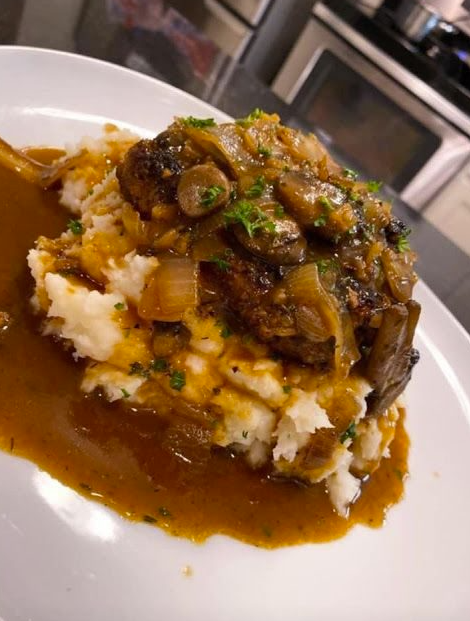 Salisbury Steak Garlic Mashed Potatoes Mushroom & Onion gravy